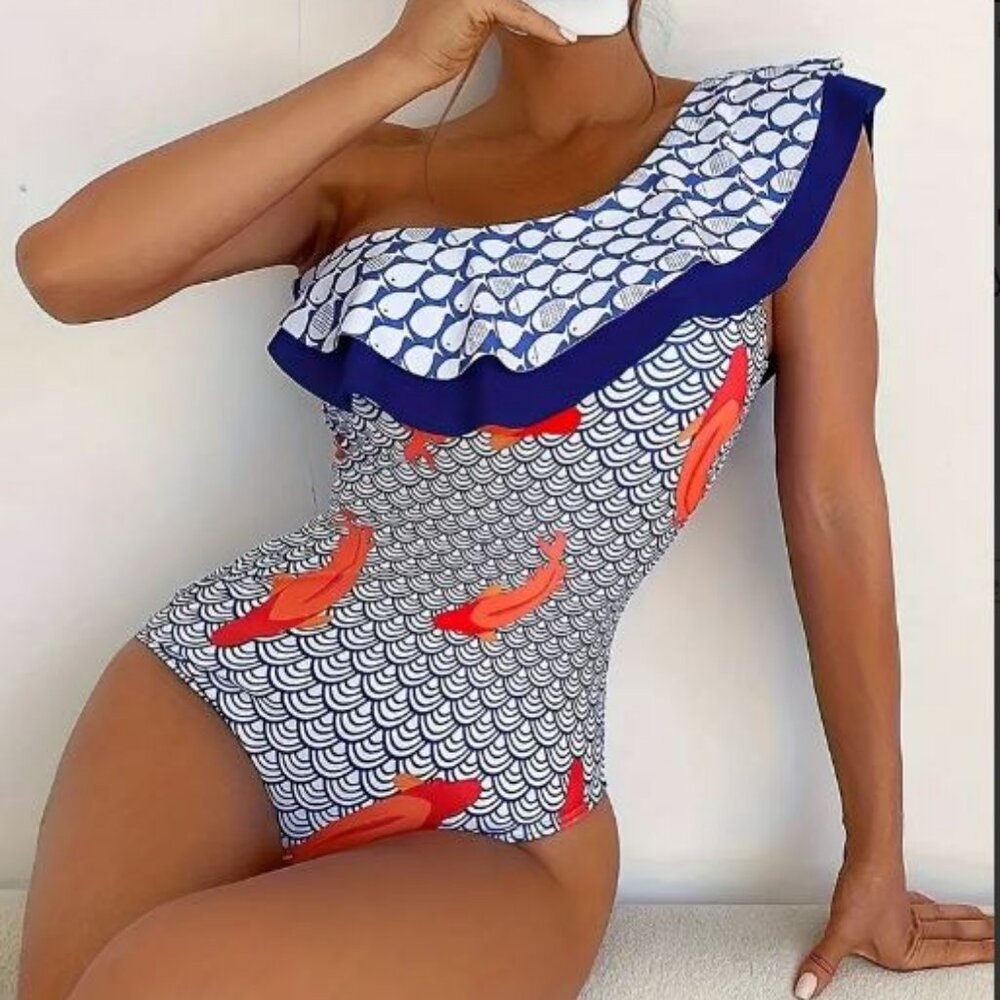 Women's Sexy One-Piece Swimsuit with Dual-Layer Collar- Large/10